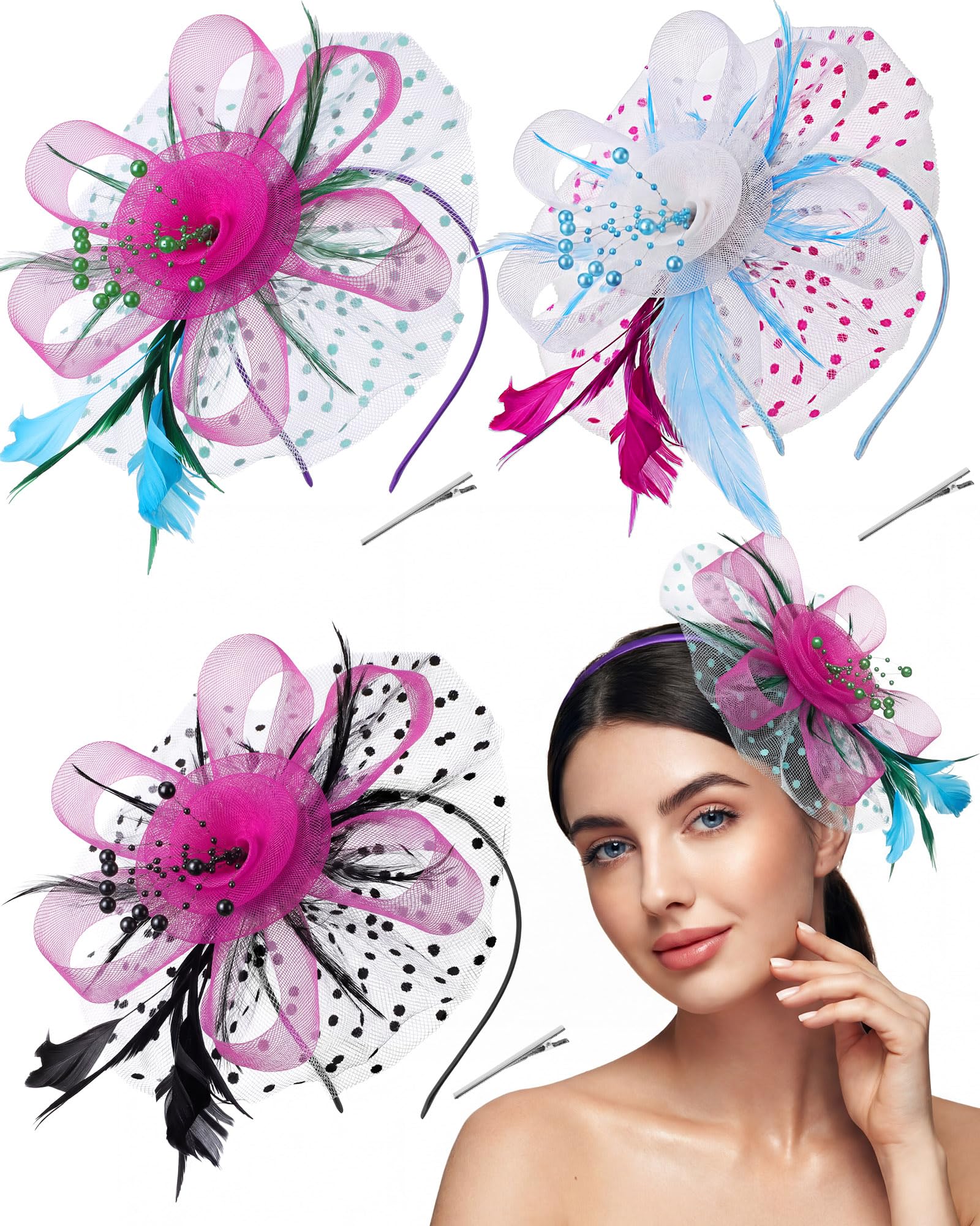 Photo 1 of 3 Pack Fascinators Hats for Women Tea Party Mesh Flower Derby Fascinator Hat with Headband and Clip for Derby Events Wedding(Elegant Color)