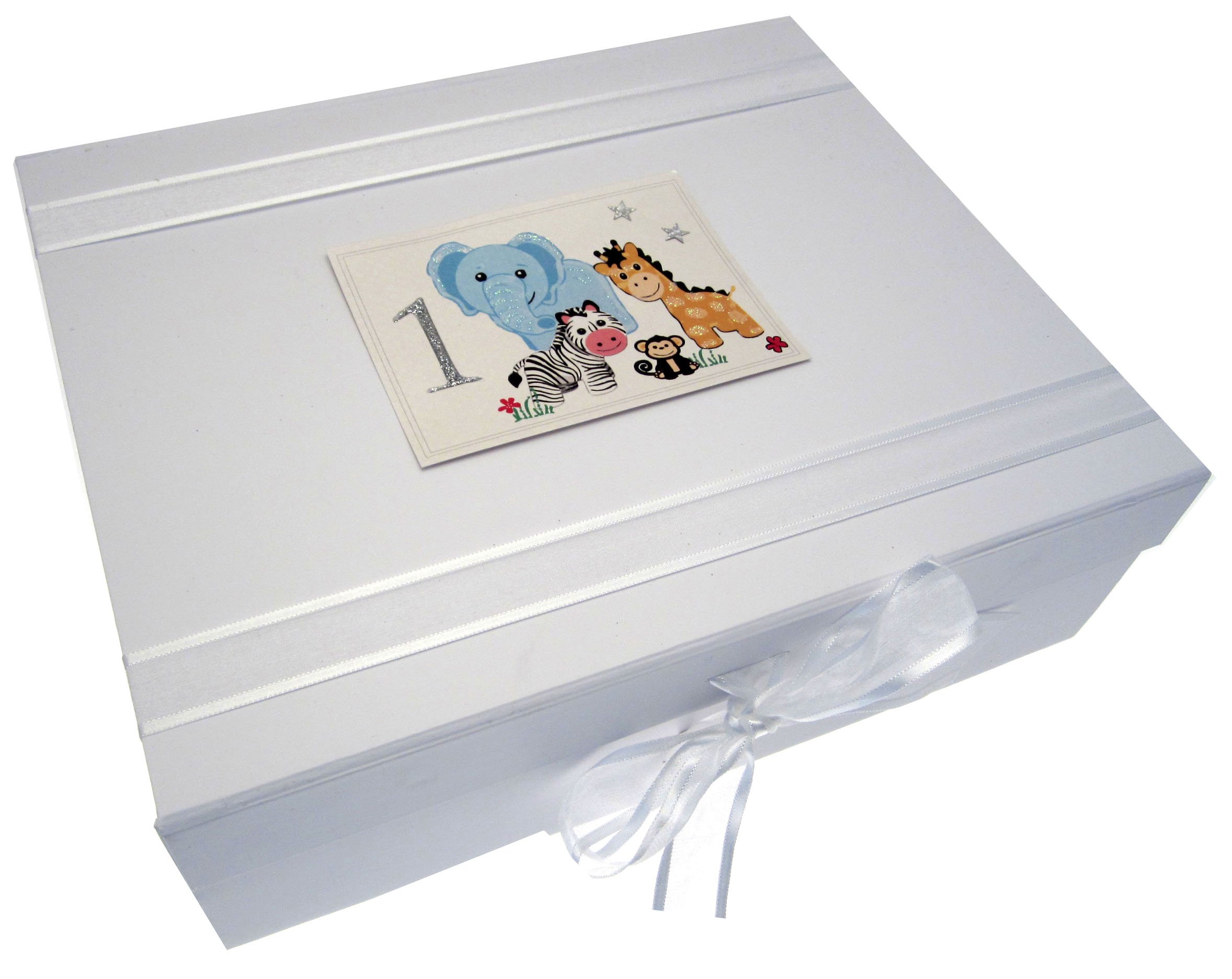 White Cotton Cards Safari Animals Age 1 Large Keepsake Box, Code SAF2X