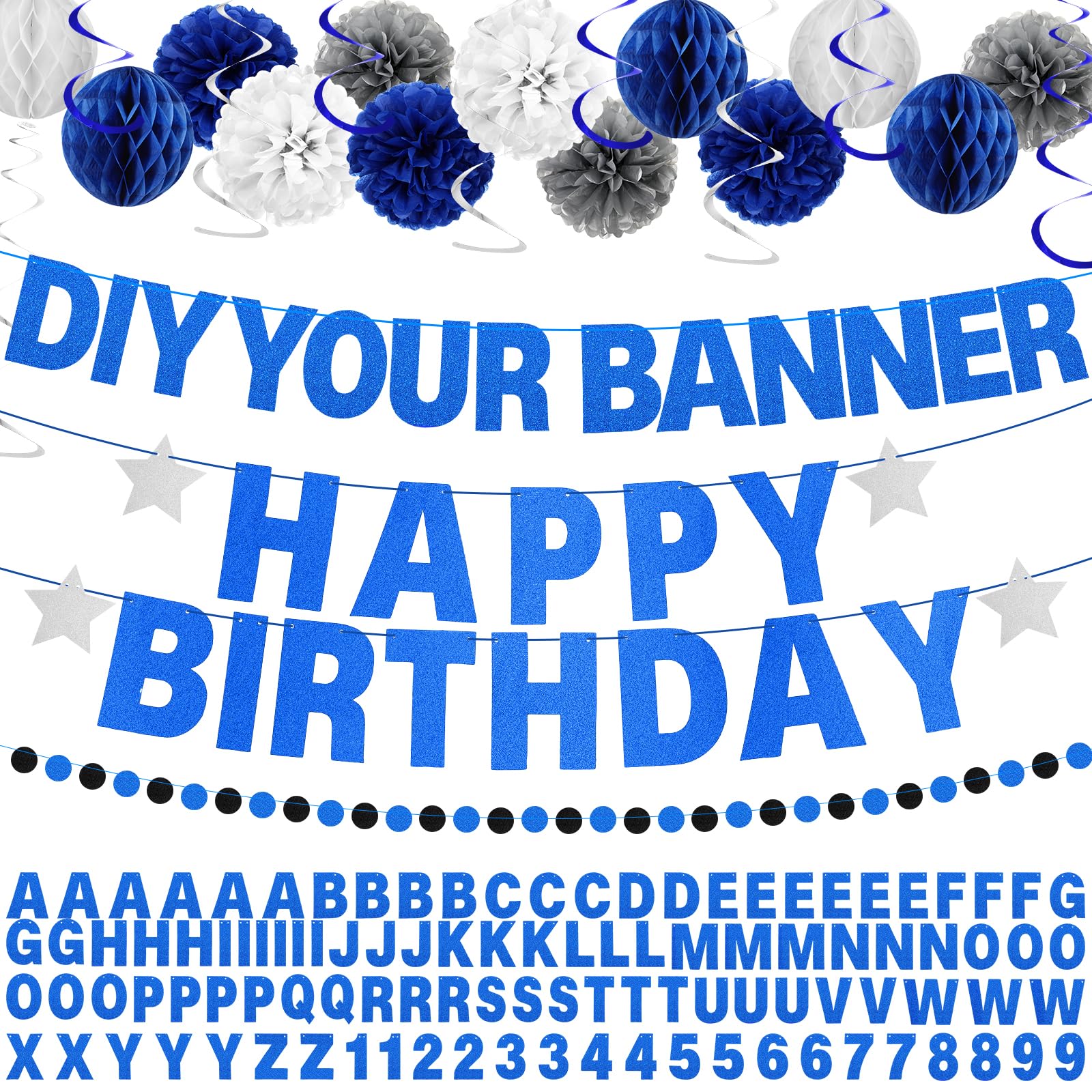 Photo 1 of 27 Pcs Custom Letter Banner DIY Banner Kit with 107 Letters and Numbers Glitter Birthday Decor Make Your Own Garland Streamer, Paper Pom Pom Flower, Hanging Swirl for Wedding Baby Shower(Blue White)