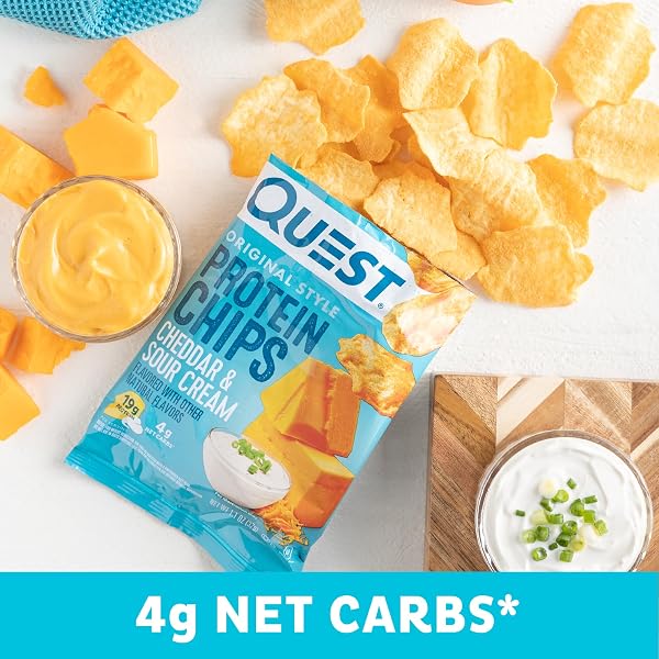 QUEST NUTRITION CHEDDAR & SOUR CREAM PROTEIN CHIPS, 19G PROTEIN, 4G NET CARBS, LOW CARB, GLUTEN FREE, 1.1 OZ, 4 COUNT