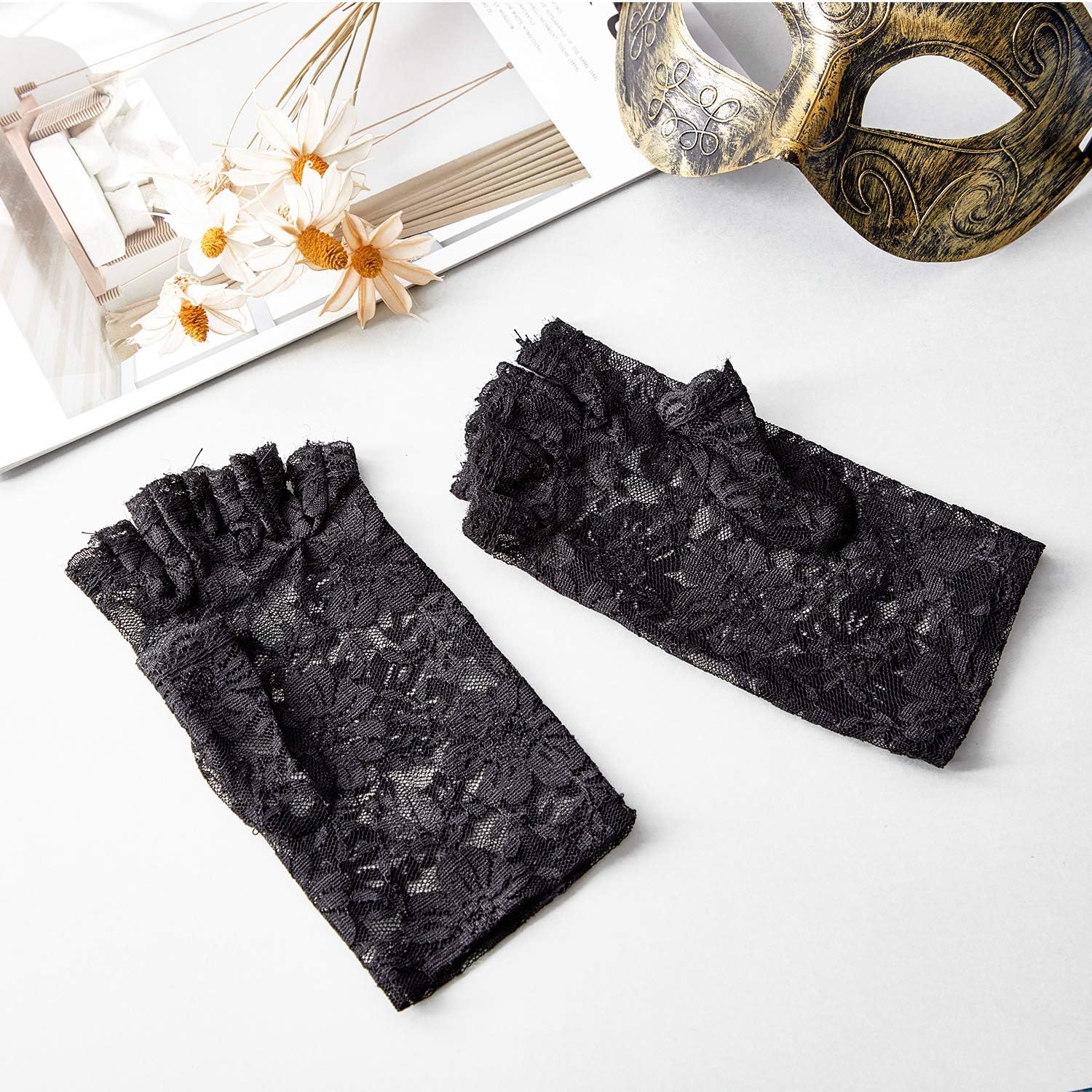 3 Pairs Lace Fingerless Gloves Elbow Lace Up Gloves Black Lace Satin Gloves Black Bridal Short Gloves at  Women’s Clothing store