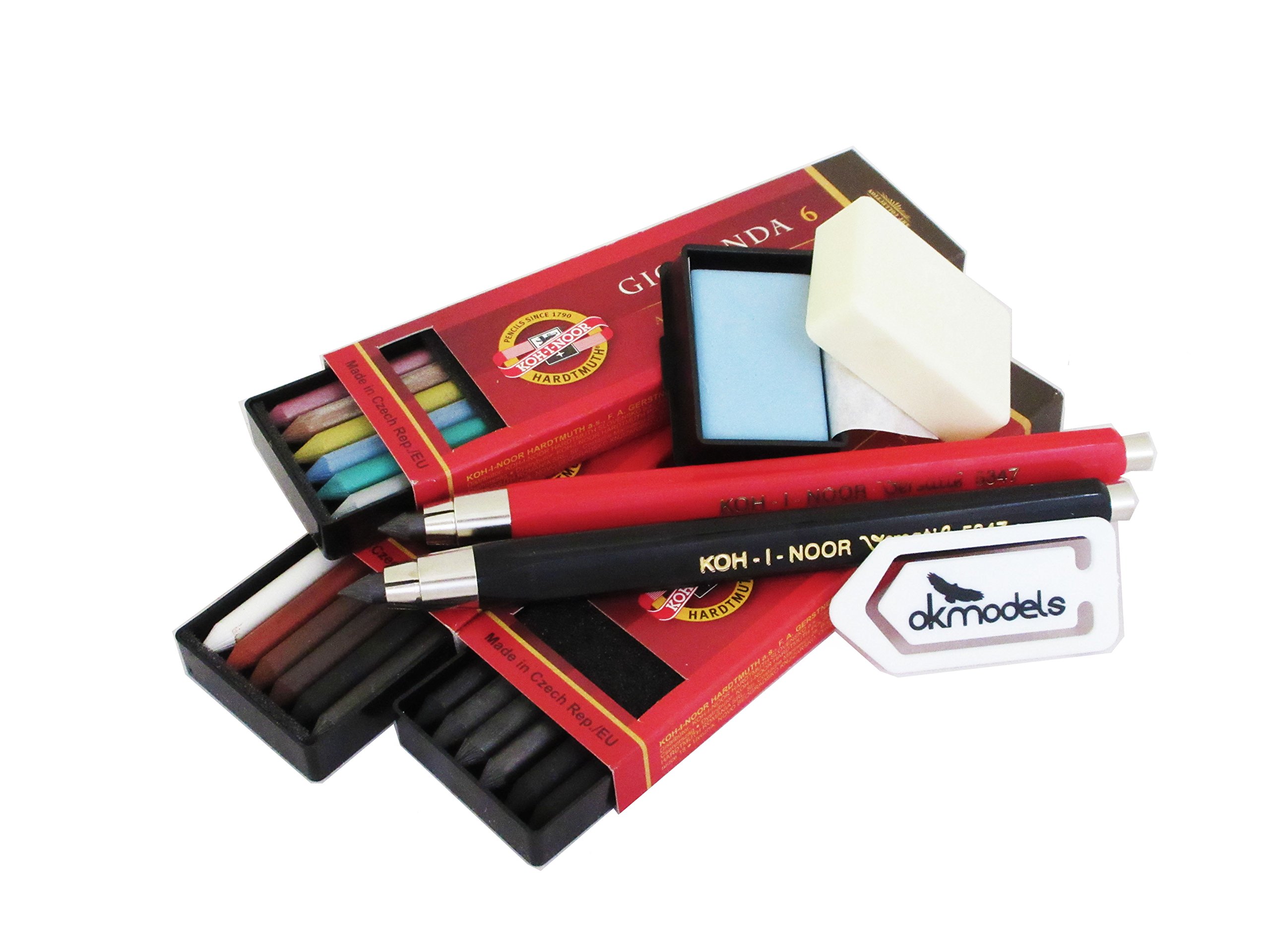 KOH-I-NOOR Set, 2X 5347 5.6 mm Diameter Mechanical Pencil + Gioconda 5.6 mm, Set of 6 Leads for Artists' Drawing. 4869/II+4869/I+ KOH-I-NOOR Metallic Coloured Leads (Set of 6)+Rubber+Paper Clip