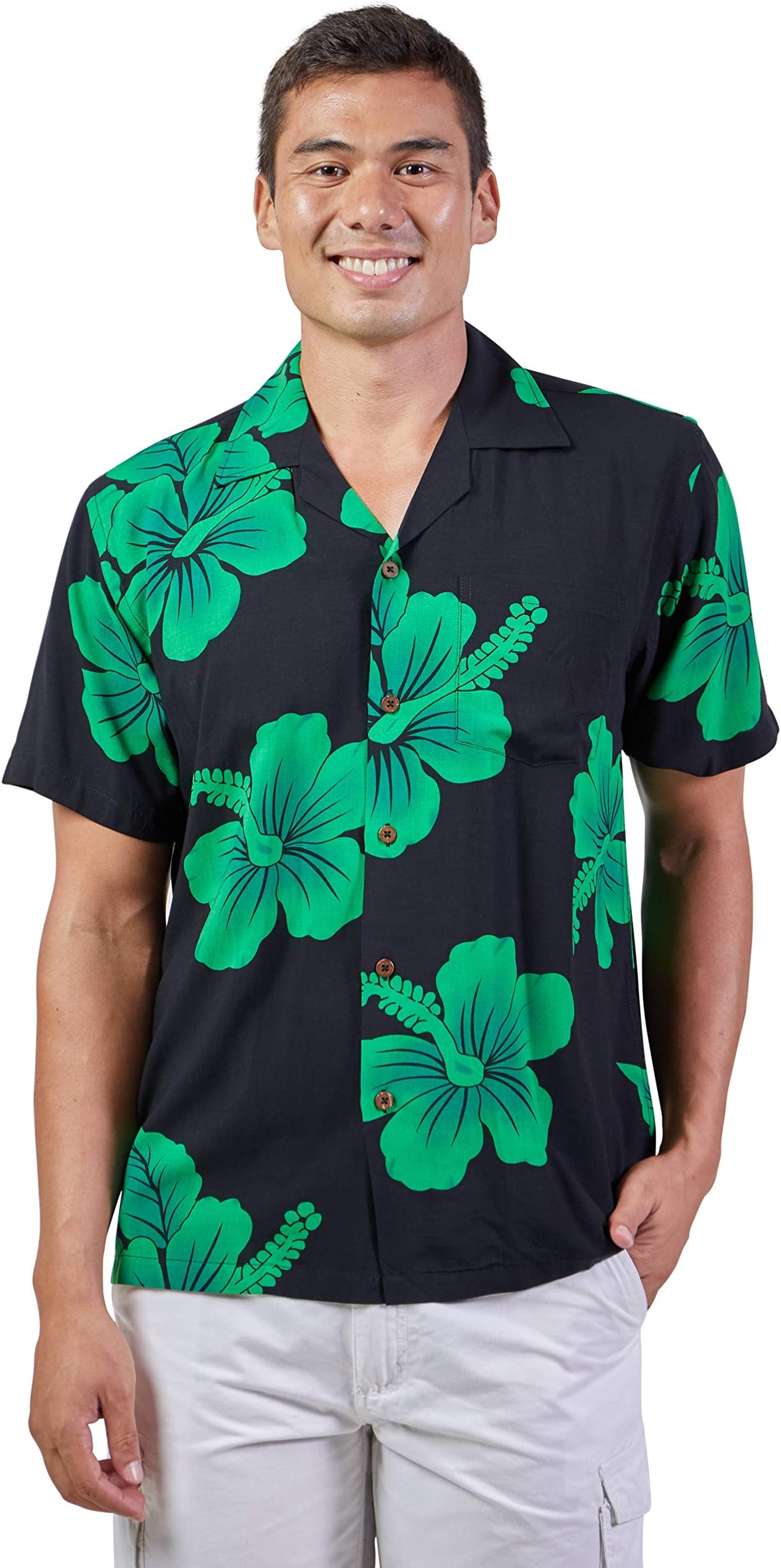 Favant Tropical Luau Beach Hibiscus Floral Print Men’s Hawaiian Aloha Shirt