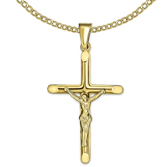 CLEVER SCHMUCK Set Goldener Damen Herren Anhänger Jesus Kreuz 26 mm plastische Form, schmale halbrunde Balken an den Enden ab