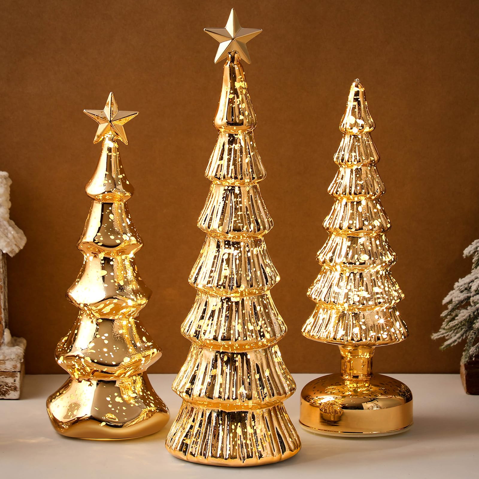 Photo 1 of Funnymoom 3 Pack Glass Christmas Trees Lighted Christmas Tree Tabletop Glitter Christmas Centerpieces Decoration Glass Xmas Tree Holiday Figurines Ornament for Tables Mantle Holiday Fireplace(Gold)