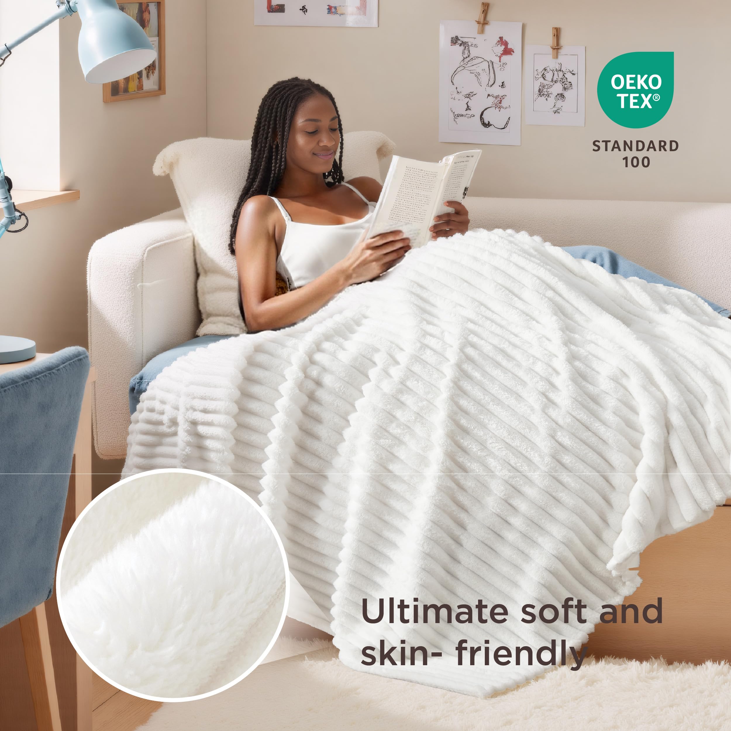 Bedsure GentleSoft White Throw Blanket for Couch - Cozy Blanket for Women, Cute Fleece Throws for Girls, Birthday Gifts for Women Teens, Room Home Boho Halloween Fall Decor, Off White, 50x60 Inches