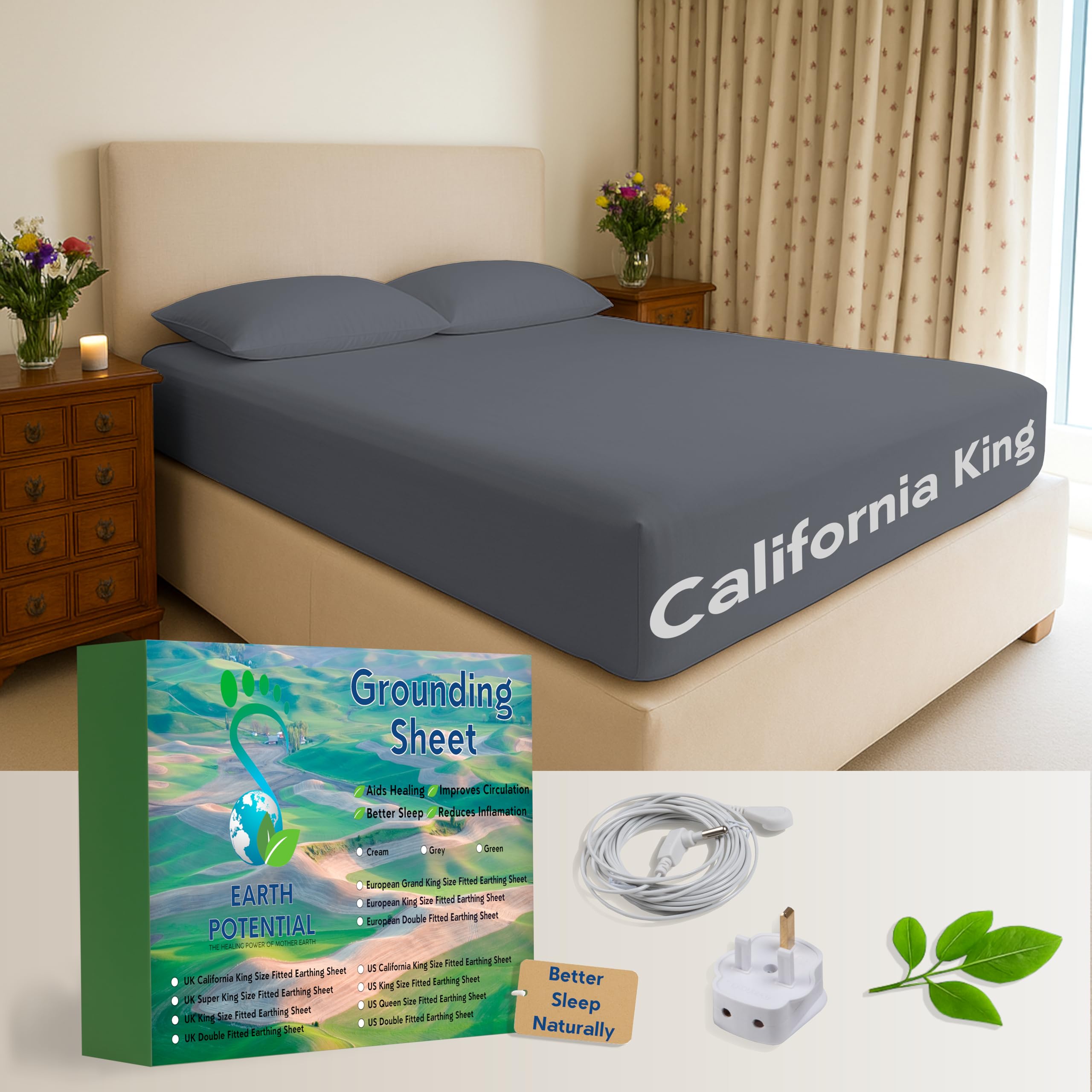Earthing Grounding Fitted California King Size Sheet in Grey – 95% Cotton & 5% Soft Silver Conductive Thread for Healing and Better Sleep, supplied with a 5m cable and double UK outlet grounding plug