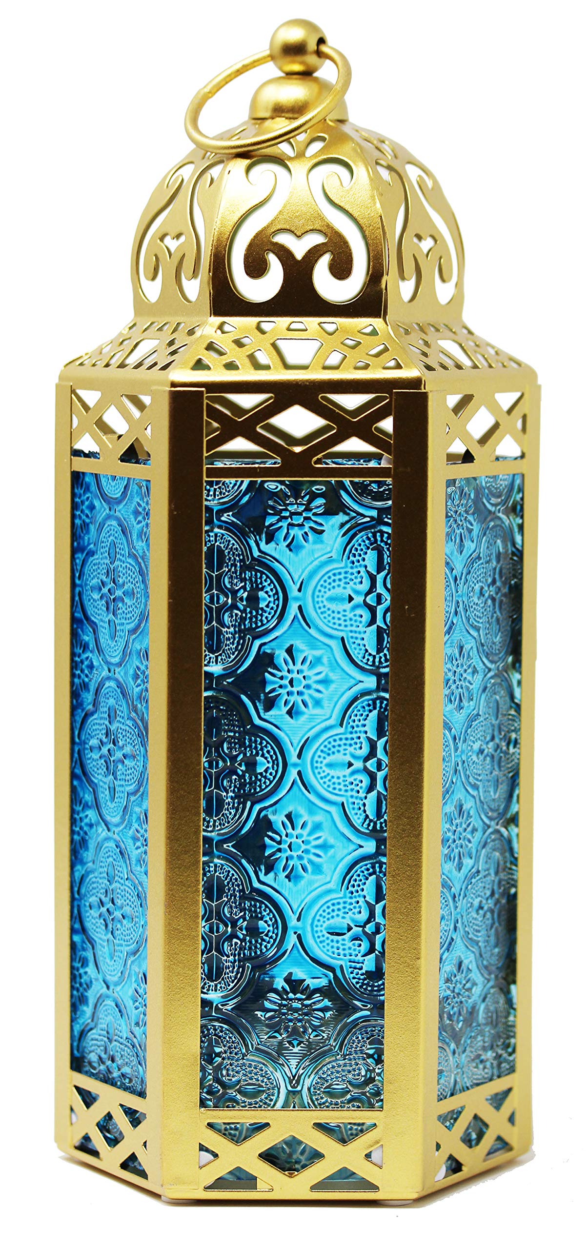 VELA LANTERNS Metal Moroccan Decorative Gold Candle Lantern Holders for Hanging or Table, Indoor Home Decor, Outdoor Patio or Porch, Ramadan, Weddings, Medium, Blue Glass