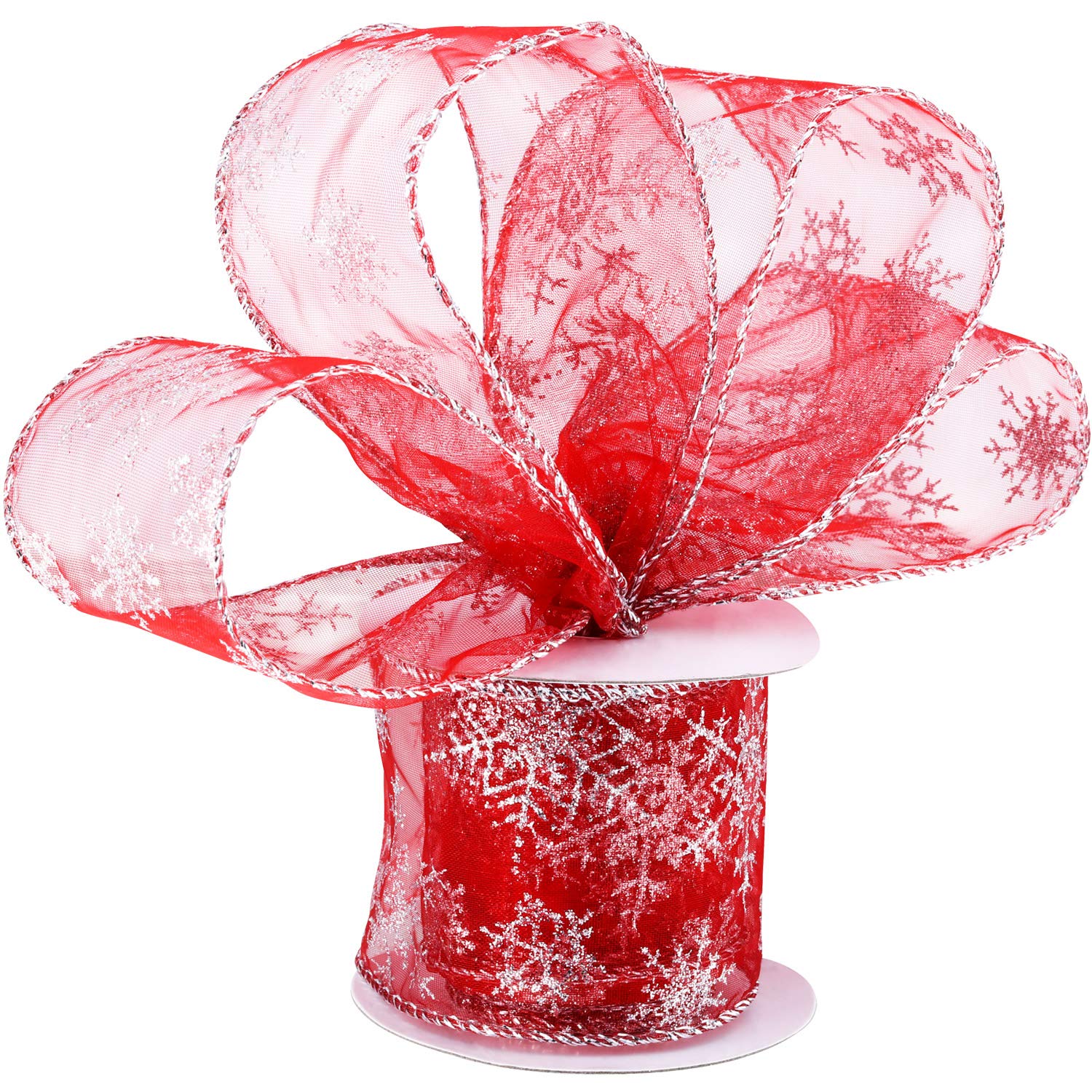 6.3 cm in Width Organza Ribbon Snowflake Wired Sheer Glitter Ribbon with Spool for Christmas Decoration, Gift Wrapping, Party Decoration (Red, 10 m)