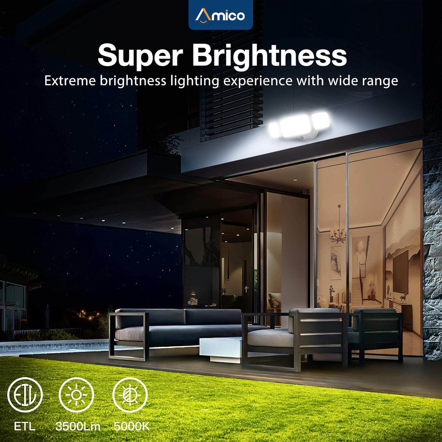 Amico 3500LM LED Security Light, 30W Super Bright Outdoor Flood Light, ETL- Certified, 5000K, IP65 Waterproof, 3 Adjustable Heads for Garage, Patio, Garden, Porch&Stair(White Light): Home Improvement
