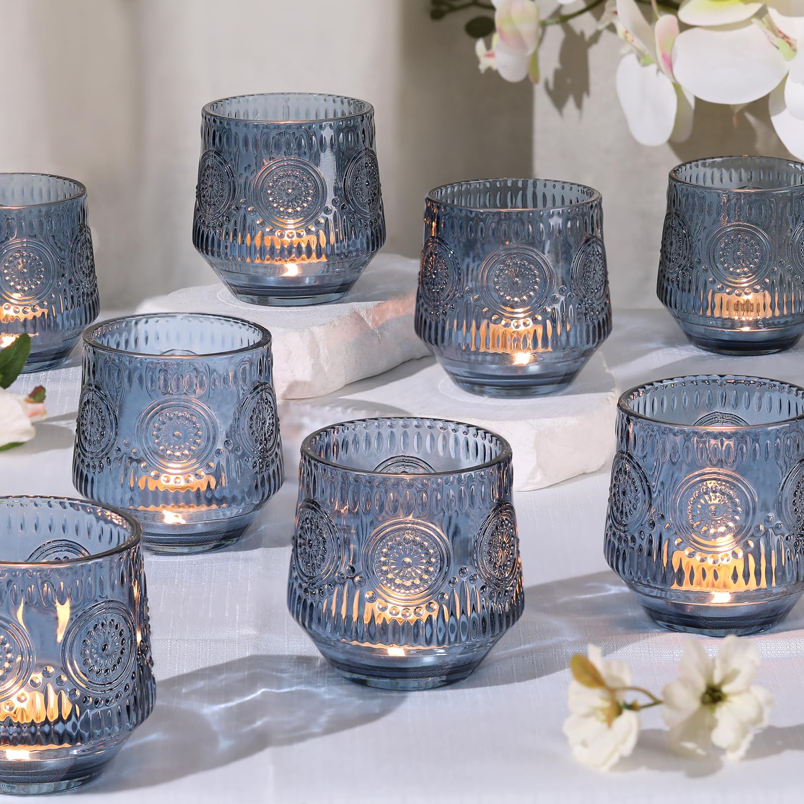 Photo 1 of 12pcs Large Blue Votive Candle Holders, 3.16"×3.16" Blue Votives with Vintage Floral Design, Tealight Candle Holder for Wedding Decor, Bridal Shower, Centerpieces for Tables