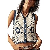 GORGLITTER Women's Crochet Boho Embroidered Vest Tops Floral Sleeveless Button Up Knit Tank Top Western Cowgirl Outfits