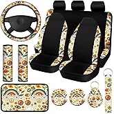 Riakrum 15 Pcs Car Seat Covers Full Set Space Car Covers for Front Rear Seat Steering Wheel Wrist Strap Armrest Pad Shoulder Pads(Daisy Style)
