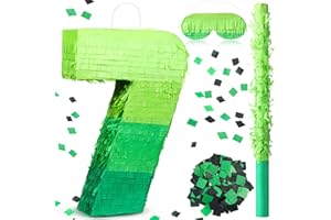 WinnerWhy Number Piñata Decorations 16 Inch Gradient Green Number Piñata with Blindfold Stick and Confetti for Birthday Baby Shower Safari Jungle Themed Party Supplies Centerpiece(Number 7)