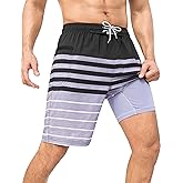 SILKWORLD Men's Swim Trunks with Compression Liner 9" Swimming Trunk 2 in 1 Beach Quick Dry Shorts with Zipper Pocket
