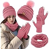 URATOT Winter Warm Knitted Sets Beanie Pompom Hat Scarves Winter Touchscreen Gloves Scarf Set for Men Women
