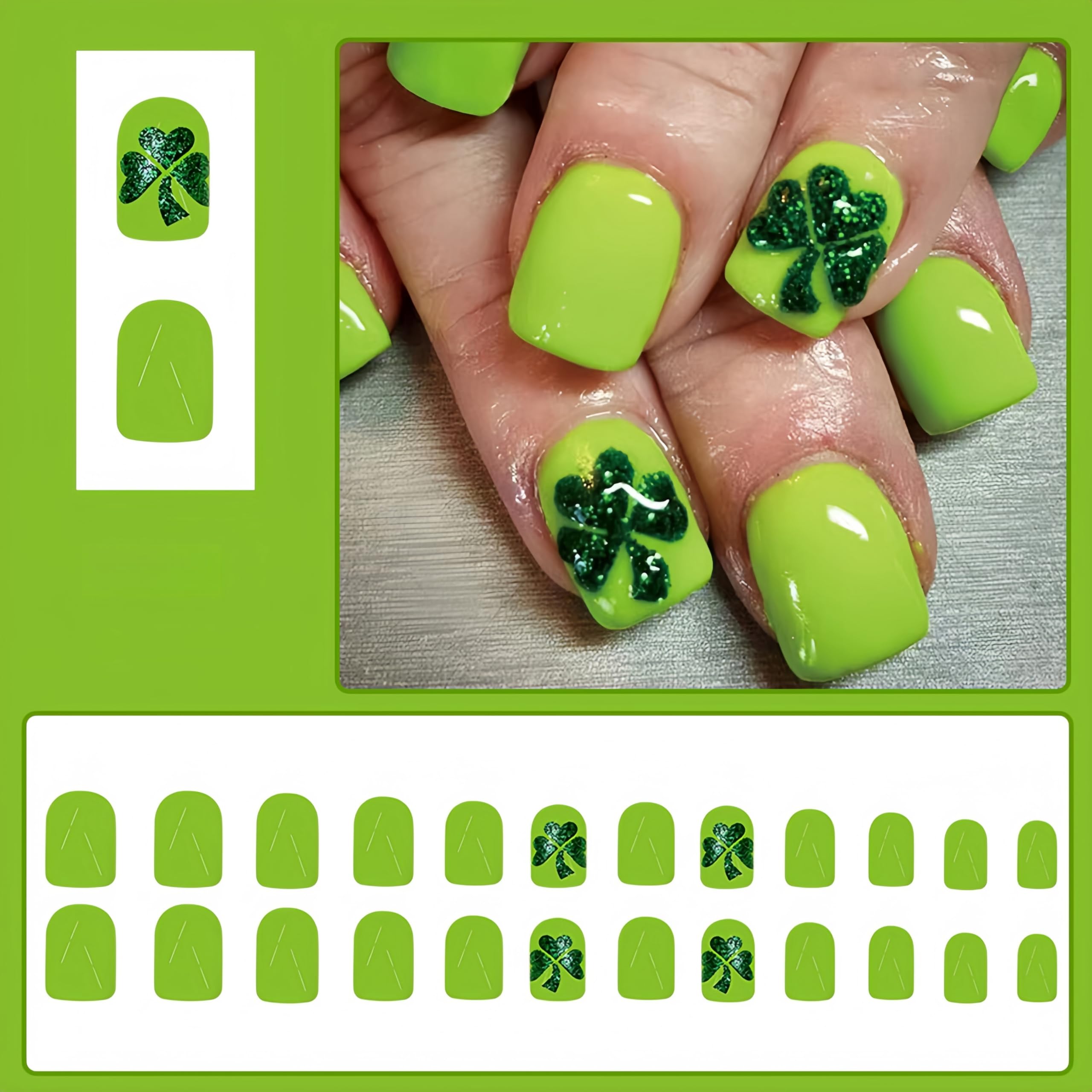 24Pcs St. Patrick's Day Press on Nails Short Square Fake Nails with 5D Green Glitter Four Leaf Clover Designs Spring Lucky Clover Glue on Nails Green Acrylic False Nails Holiday Gift for Women Girls - Image 2
