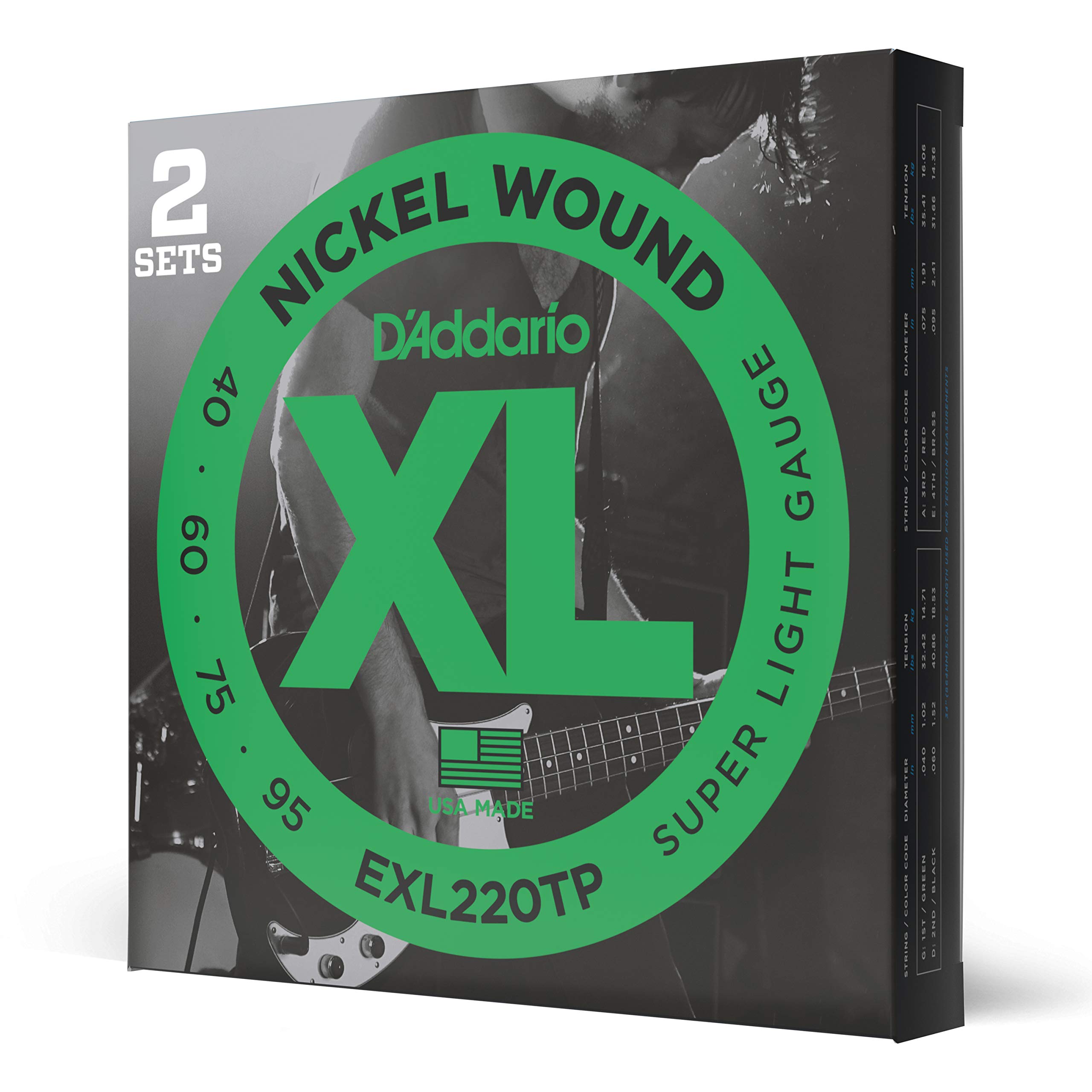 D'Addario Bass Guitar Strings - XL Nickel - EXL220TP - Perfect Intonation, Consistent Feel, Powerful Durability - 4 String Set - 40-95 Super Light, Long Scale, 2-Pack