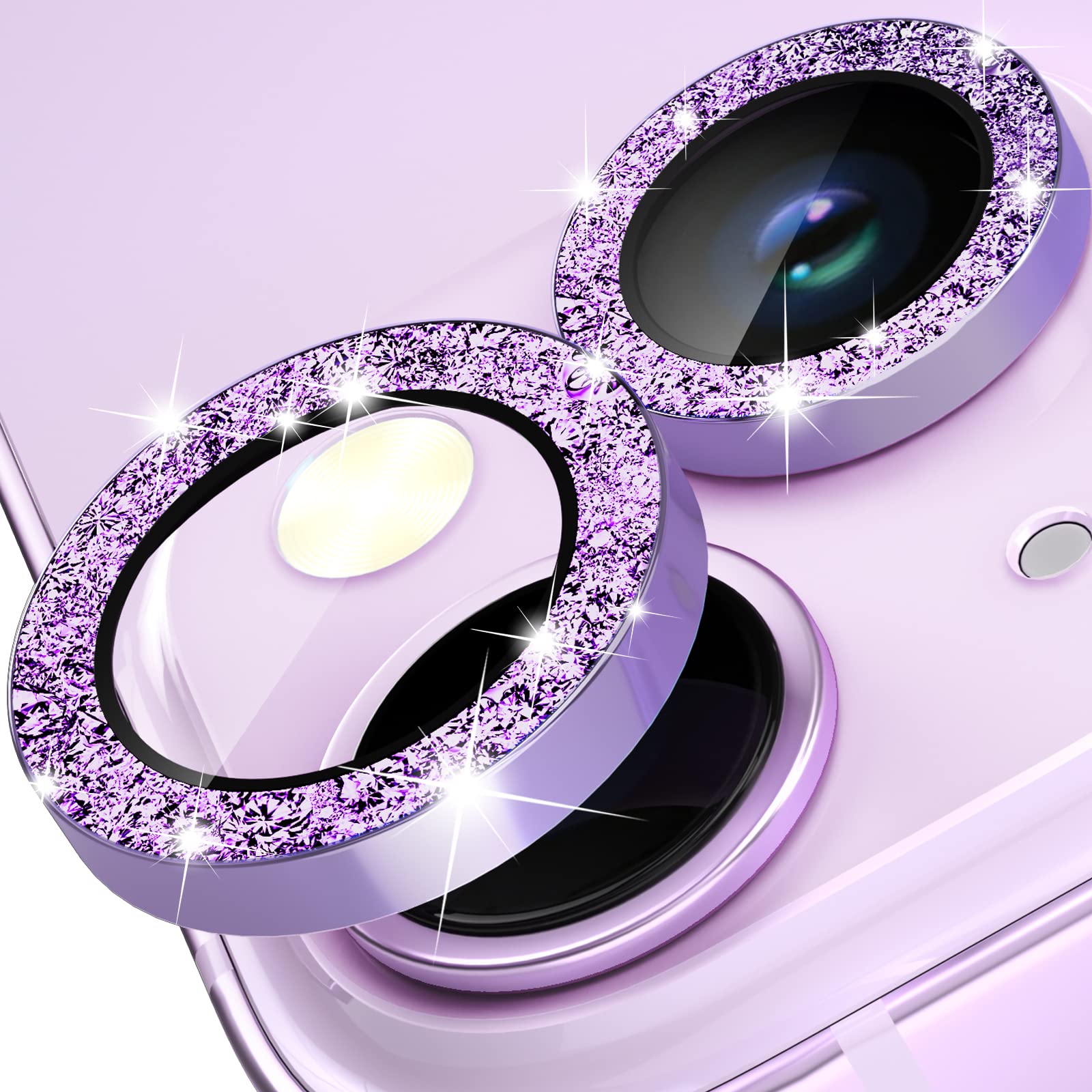 imluckies Compatible with iPhone 14 / iPhone 14 Plus Camera Lens Protector Bling, Upgraded 9H Tempered Glass Lens Screen Protection Cover Premium Aluminum Alloy Edges Individual Glitter Ring, Purple