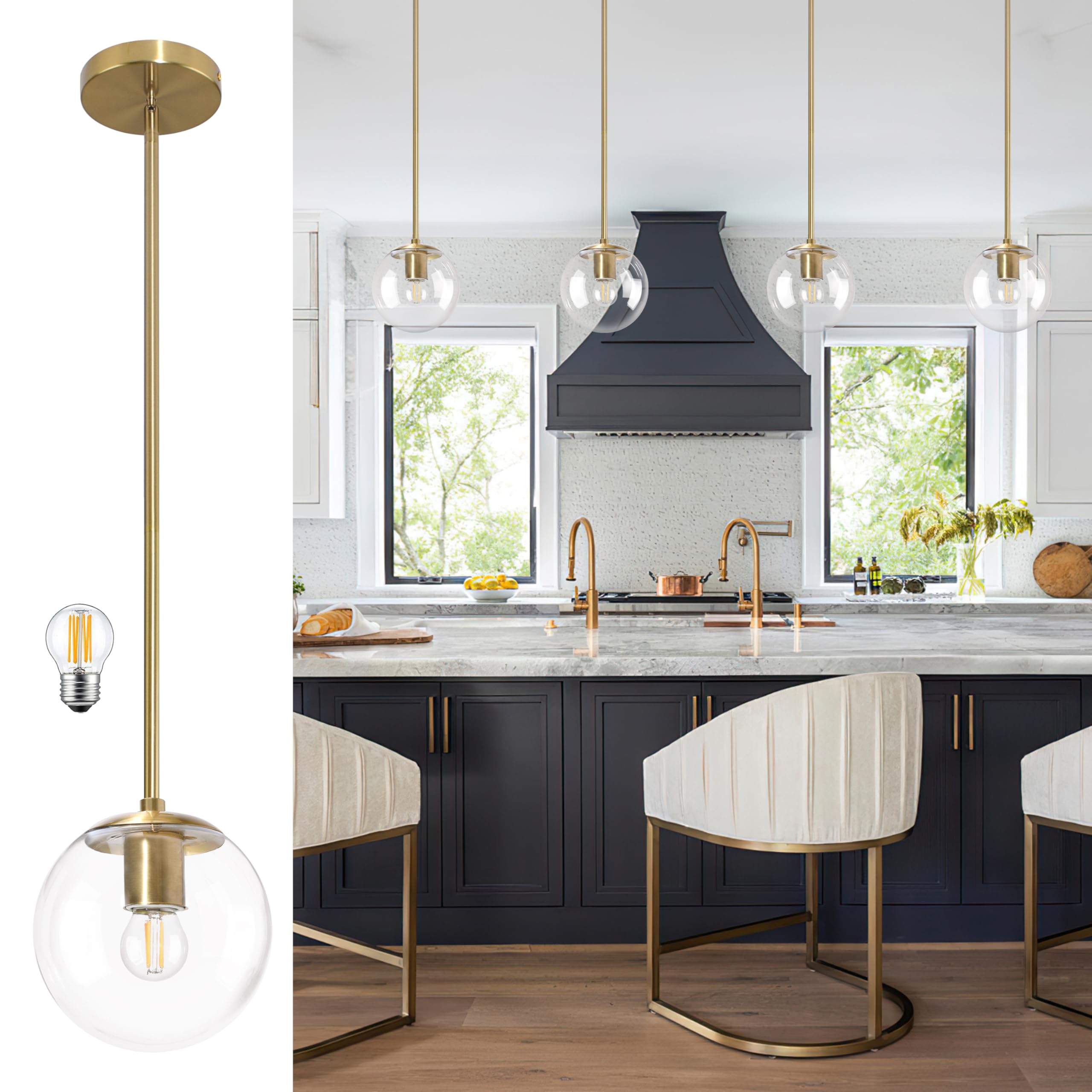 Photo 1 of **MISSING GLASS GLOBE ATTACHMENTS ** Bagood 6 Inch Globe Pendant Light Gold Mid Century Pendant Light Contemporary Globe Pendant Lights Kitchen Island Clear Glass with Brass Finish Adjustable Hanging Light Fixture for Kitchen Island