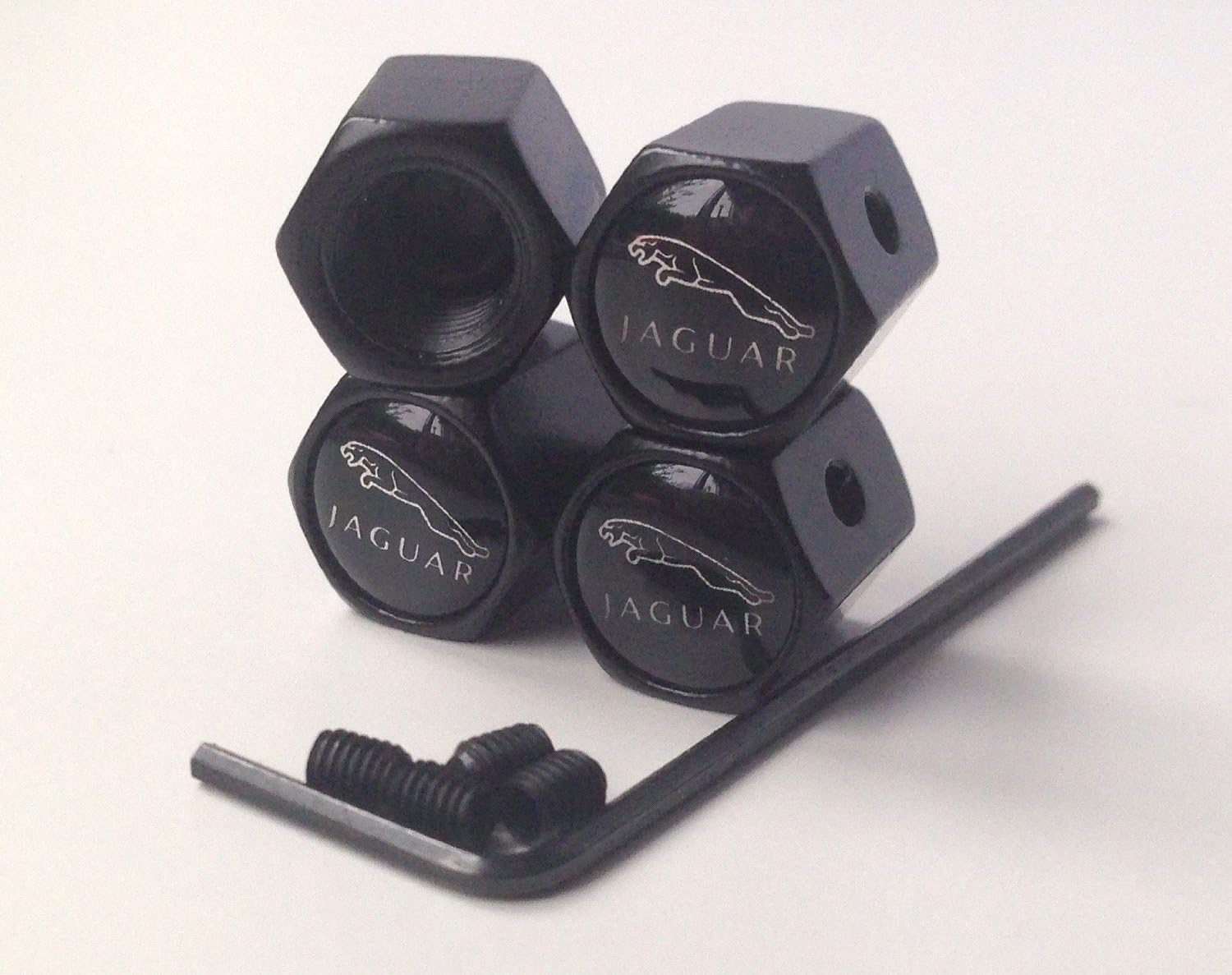 JAGUAR BLACK ANTI THEFT ALLOY WHEELS TYRE VALVE CAPS DUCT COVER, BLACK LOGO