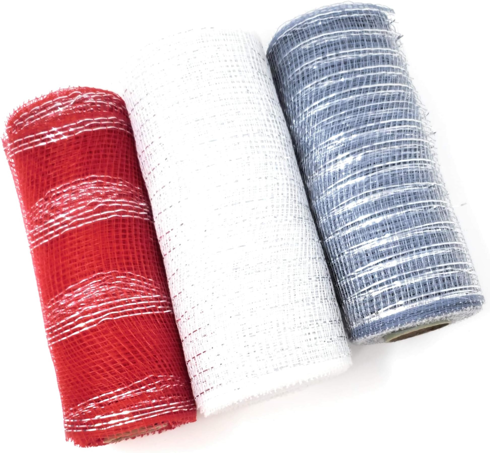 Tesadorz Christmas Holiday Decorative 6" Wide, 5 Yard Deco Mesh Rolls (Red, White, Silver)