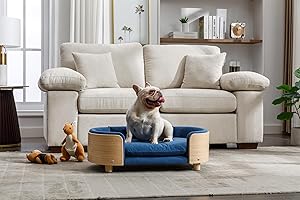 HomSof 30.7" Scandinavian Style Elevated Dog Bed Pet Sofa with Solid Wood Legs and Bent Wood Back,Velvet Cushion,Mid Size,Dark Blue