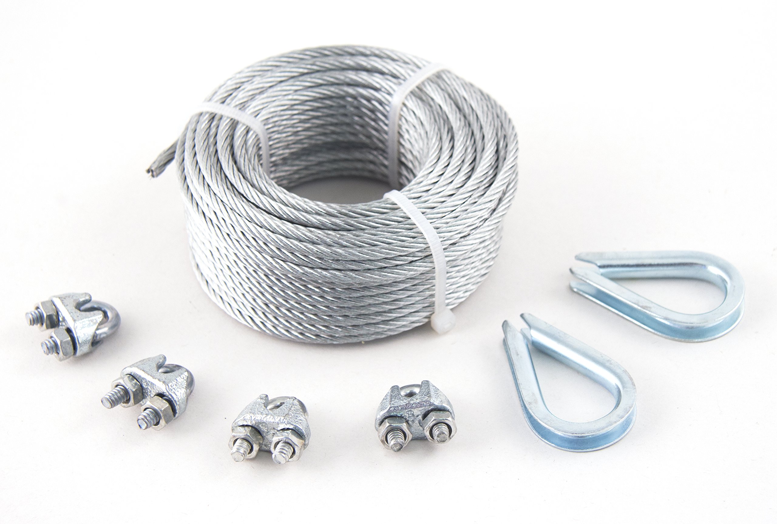 Photo 1 of KingChain 504711 1/8-inch x 50 ft Galvanised Steel 7 x 19 Aircraft Cable Metal Wire Rope Kit with 400 lb. Safe Working Load (Includes x4 1/8-inch Wire Rope Clips and x2 1/8-inch Wire Rope Thimbles)