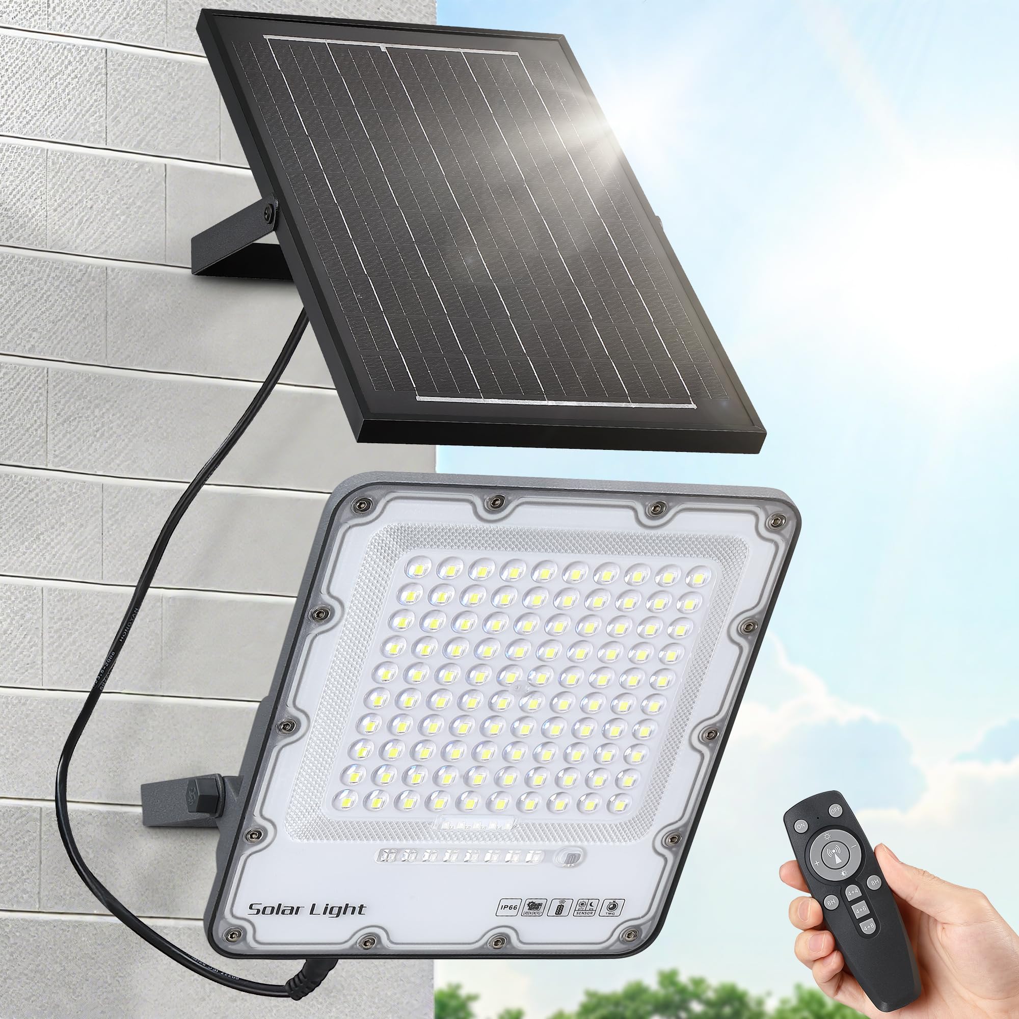 Photo 1 of 200W Solar Flood Light Outdoor 40000LM 6500K LED Solar Street Light with Remote, IP66 Waterproof Dusk to Dawn Outdoor Security Lighting, 13FT Cable Splitted Solar Powered Lamp for Parking Lot Garage