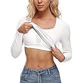 Wingslove Women's Built in Shelf Bra Crop Top Square Neck Long Sleeve Thermal Shirts (Coconut White,S)