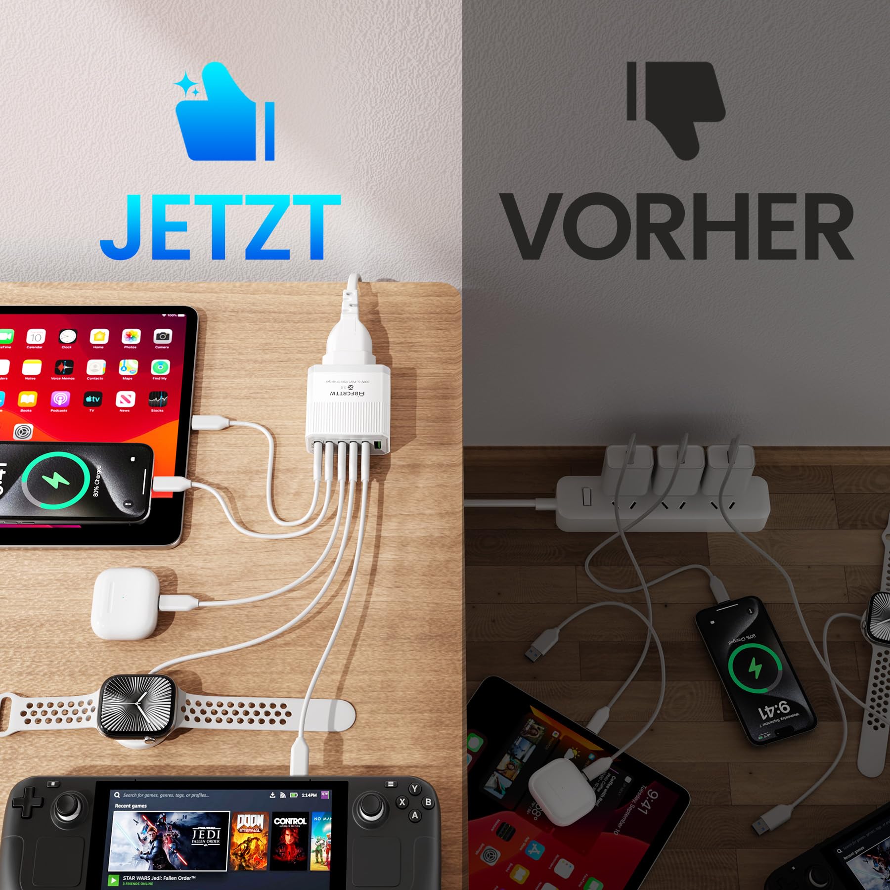 6-Port USB Ladegerät Mehrfach mit 120cm Netzkabel, 30W Steckdosenleiste mit USB, QC 3.0 Ladegerät Adapter für iPhone 16 15 14 13 12 11 Pro Max, iPad, Phone Steckdose Charger Netzstecker 5