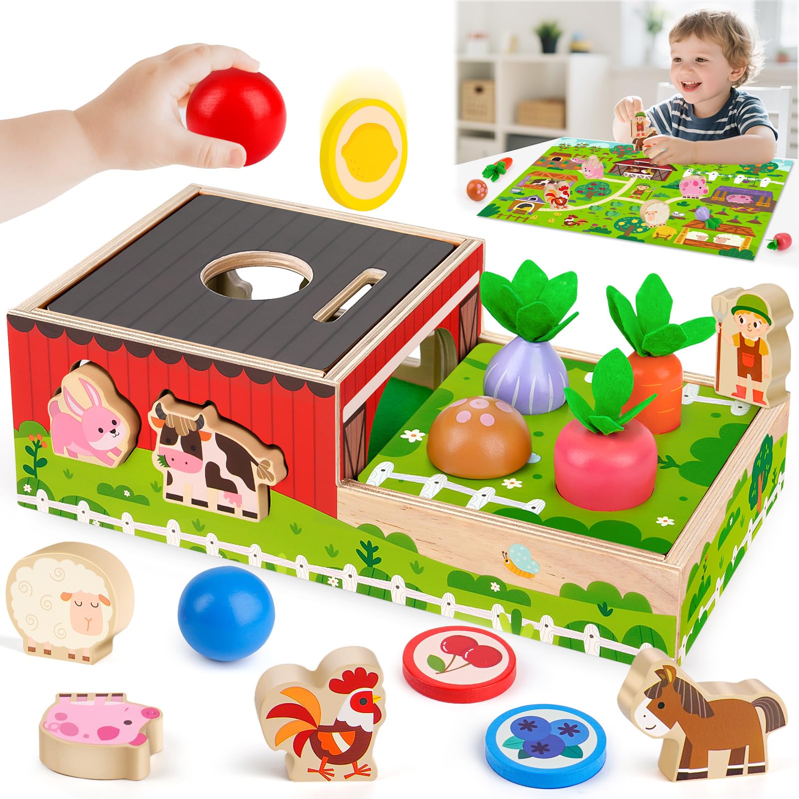 MuMua Montessori Wooden Toddler Toys for 1 2 3 Year Old Boys Girls, Baby Educational Farm Animals Coin Balls Shape Sorting Sensory Toys, 1st Birthday Gift for 12-18 Months Baby Fine Motor Skills