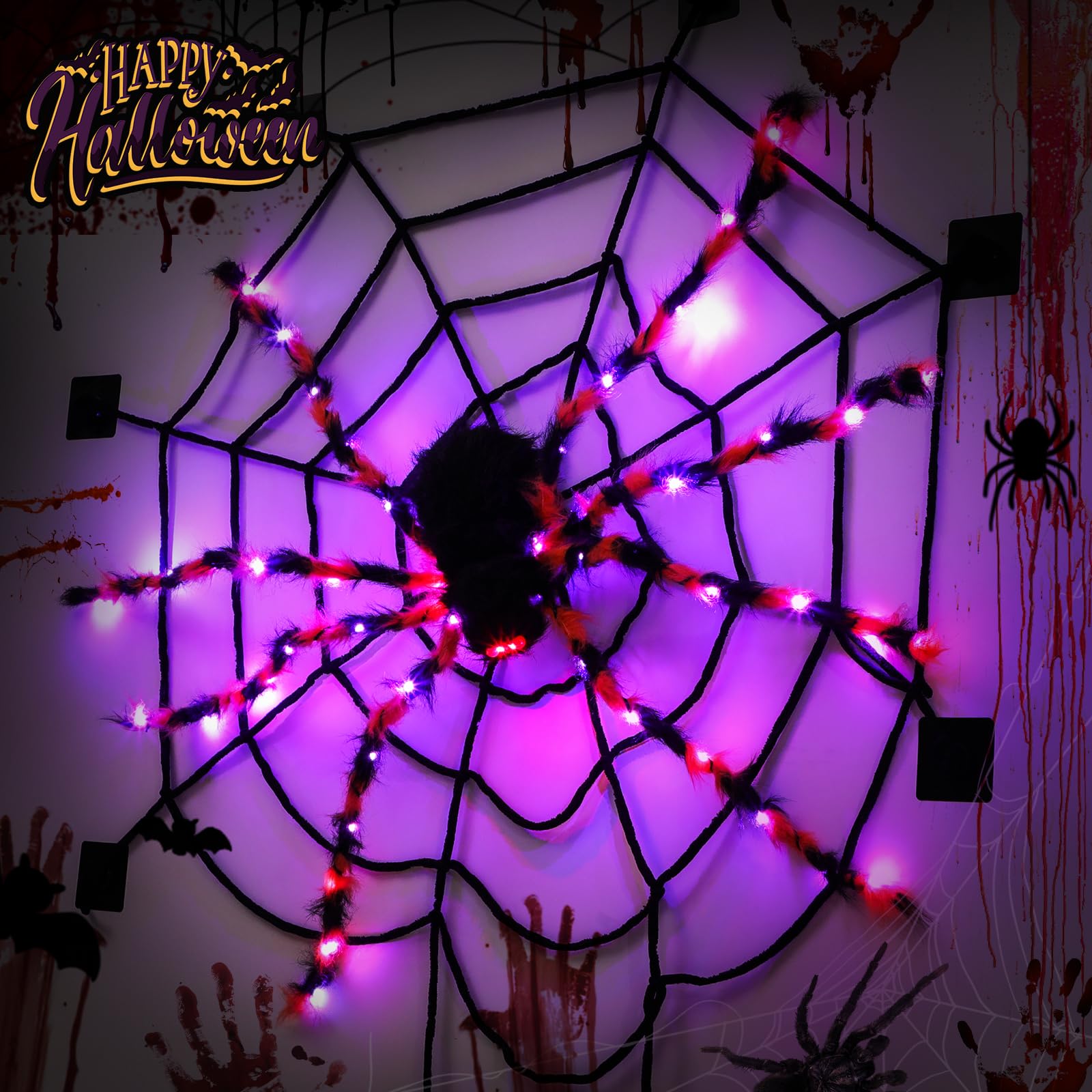 Photo 1 of Halloween Decorations,4.5 ft Halloween Spider,Giant Spider,Haunted House Decorations,5.7ft Spider Web,58 LED Lights,8 Lighting Modes,8 Wall Mounted Traceless Adhesives,Battery Operated
