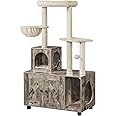 Yaheetech Litter Box Enclosure with Cat Tree, All-in-one Indoor Kitten House w/Scratching Posts, Wooden Cat Litter Box Furniture w/Kitty Condo, Platform, Greige/Beige