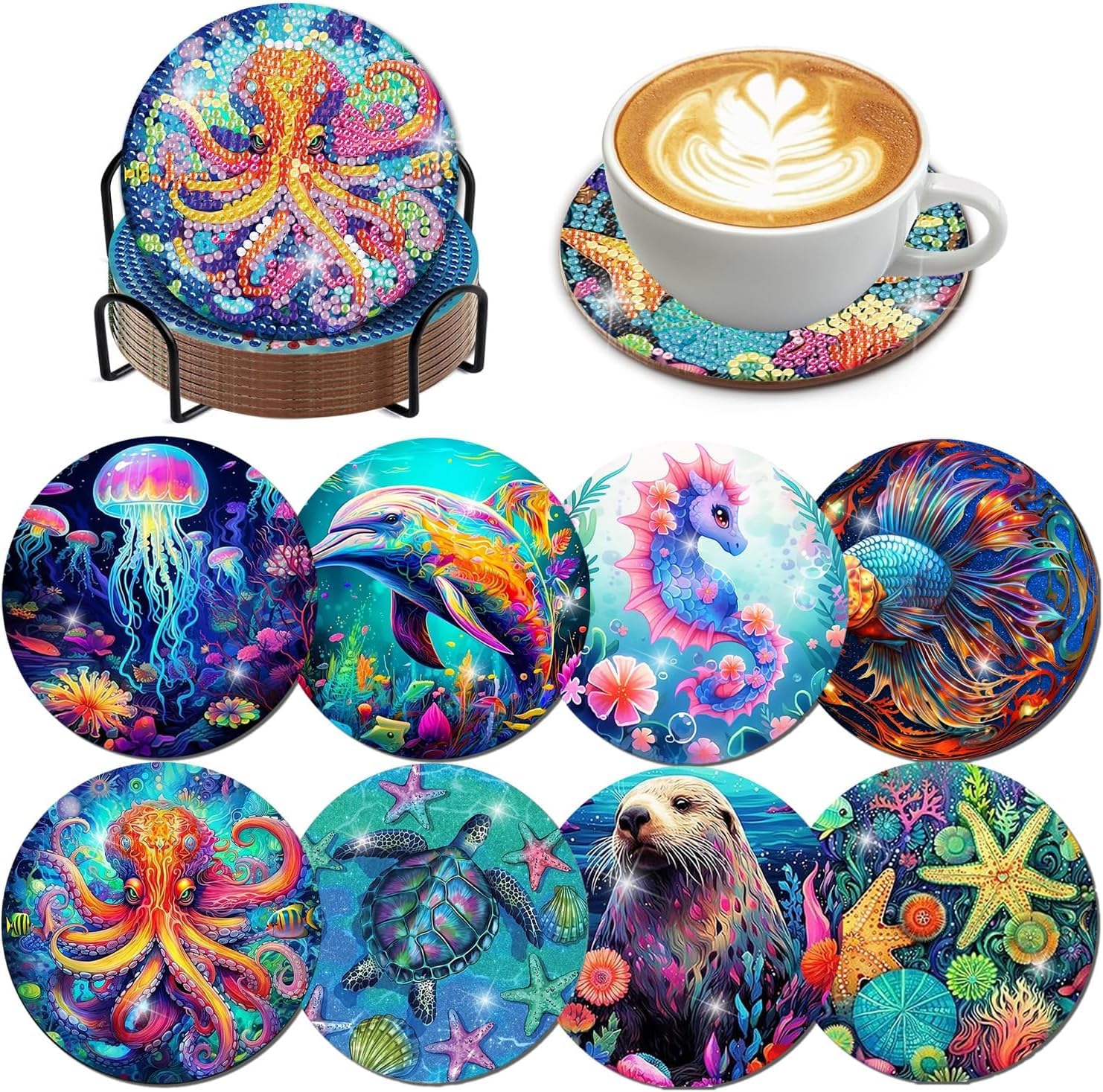 8 Pcs Ocean Creatures Diamond Painting Coasters Kits with Holder,Ocean Creature Diamond Art Kits Coasters with Cork Bases for Adults,Full Drill Gem Painting Craft Kit for Adults Supplies Gift.