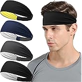 Qearl 4 Packs Cooling Sports Headbands for Men Elastic Workout Sweatbands Moisture Wicking Non-Slip Wide Headbands for Running Cycling