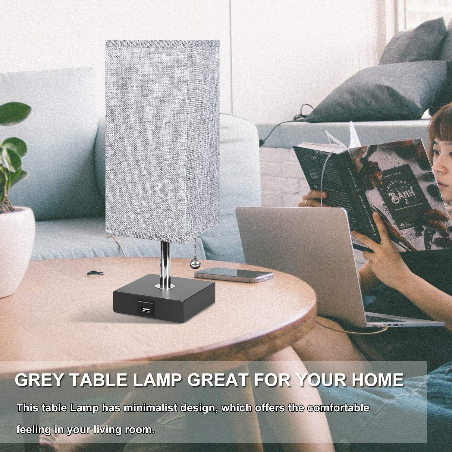 USB Table Desk Lamp, Grey Bedside Nightstand Lamp with USB Charging Port, Solid Wood Unique Lampshade,Convenient Pull Chain for Bedroom Living Room: Home Improvement
