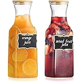 35 Oz Square Glass Carafe with Bamboo Lid, Beverage Dispensers,Mimosa Bar Supplies,Clear Glass Pitcher with Name Labels for Iced Tea,Coffee,Juice(Pack of 2)