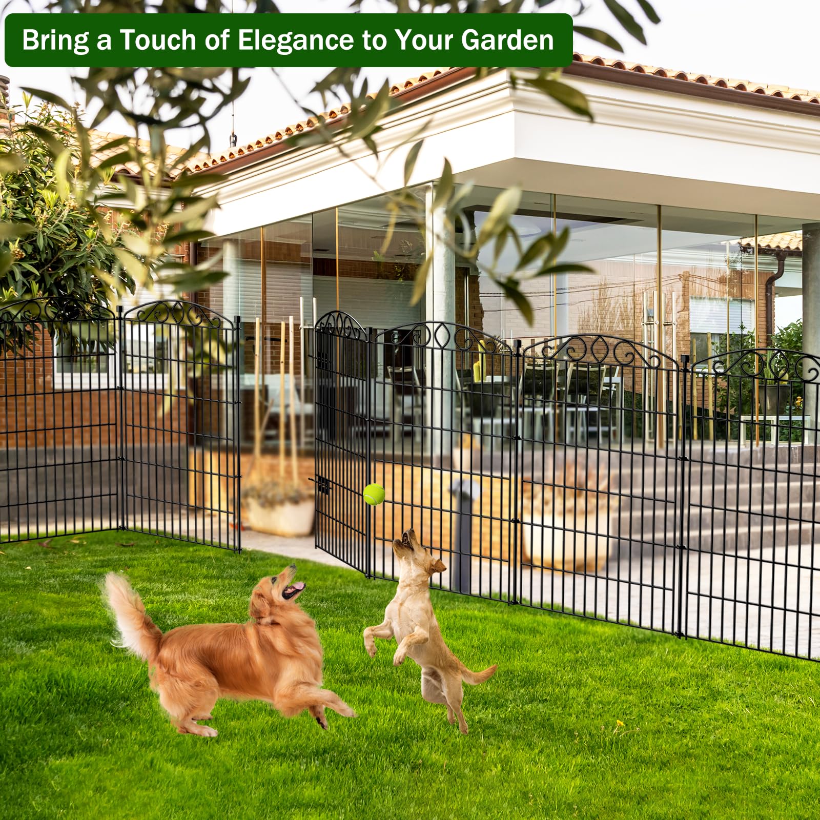 12-teiliger dekorativer Gartenzaun ohne Graben mit Tür – 107 cm hoch / 8.1 m lang. Hoher Metall Tierbarriere für Hunde & Kaninchen, rostfrei Metall-Schutzzaun für Blumenbeet, Hof, Terrasse 7