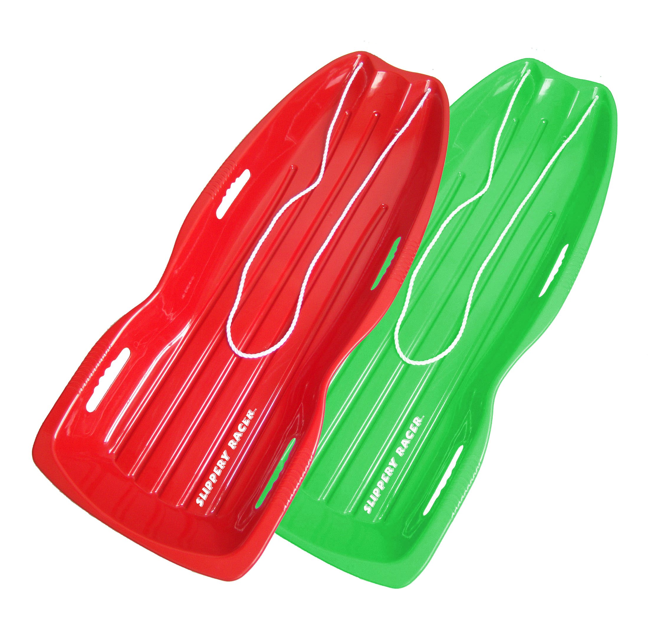 Slippery Racer Downhill Xtreme Flexible Adults and Kids Plastic Toboggan Snow Sled for up to 2 Riders with Pull Rope and Handles (RED/Green, 2 Pack) Image