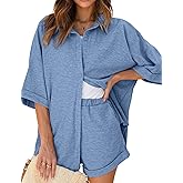 Ekouaer Waffle Knit Lounge Sets for Women Short Sleeve Pajamas Button Down Pjs Oversized Loungewear Shorts Set