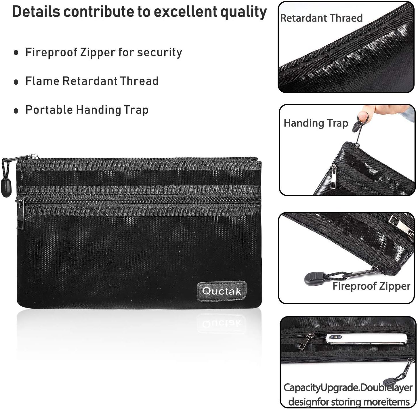 Fireproof Money Bag Two Pockets Two Zippers,Quctak Fireproof Safe Bag 10.6"x6.7" Waterproof and Fireproof Cash Bag Money Safe Pouch Storage for A5 Bank Deposit,Passport,Jewelry (1 Layer Protection): Office Products