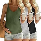 Sweetyweee 3 Pack Women's Maternity Tank Tops 92% Cotton Ribbed Knit Summer Pregnancy Shirts Sleeveless V Neck Basic Clothes