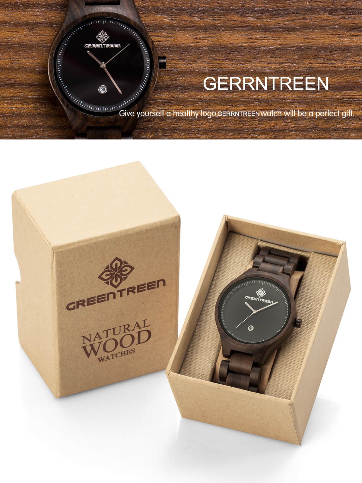 GREENTREEN Orologio da uomo in legno Analogico al quarzo, orologio da polso da uomo, dal basso peso fatto a mano in legno con data