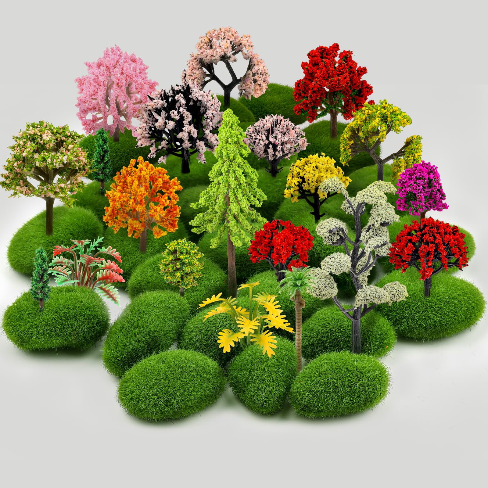 QUOZUO 42Pcs Model Miniature Trees with Moss Stones, Train Scenery, Mixed Colourful Trees for Building, Natural Green Landscape, Railroad Scene