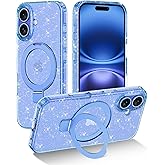 Lamcase for iPhone 16 Plus Case with Magnetic Invisible Ring Stand [Compatible with MagSafe], Full Body Rugged Slim Women Men Girl Shockproof Marble Pattern Design Case, Blue Clear/Glitter