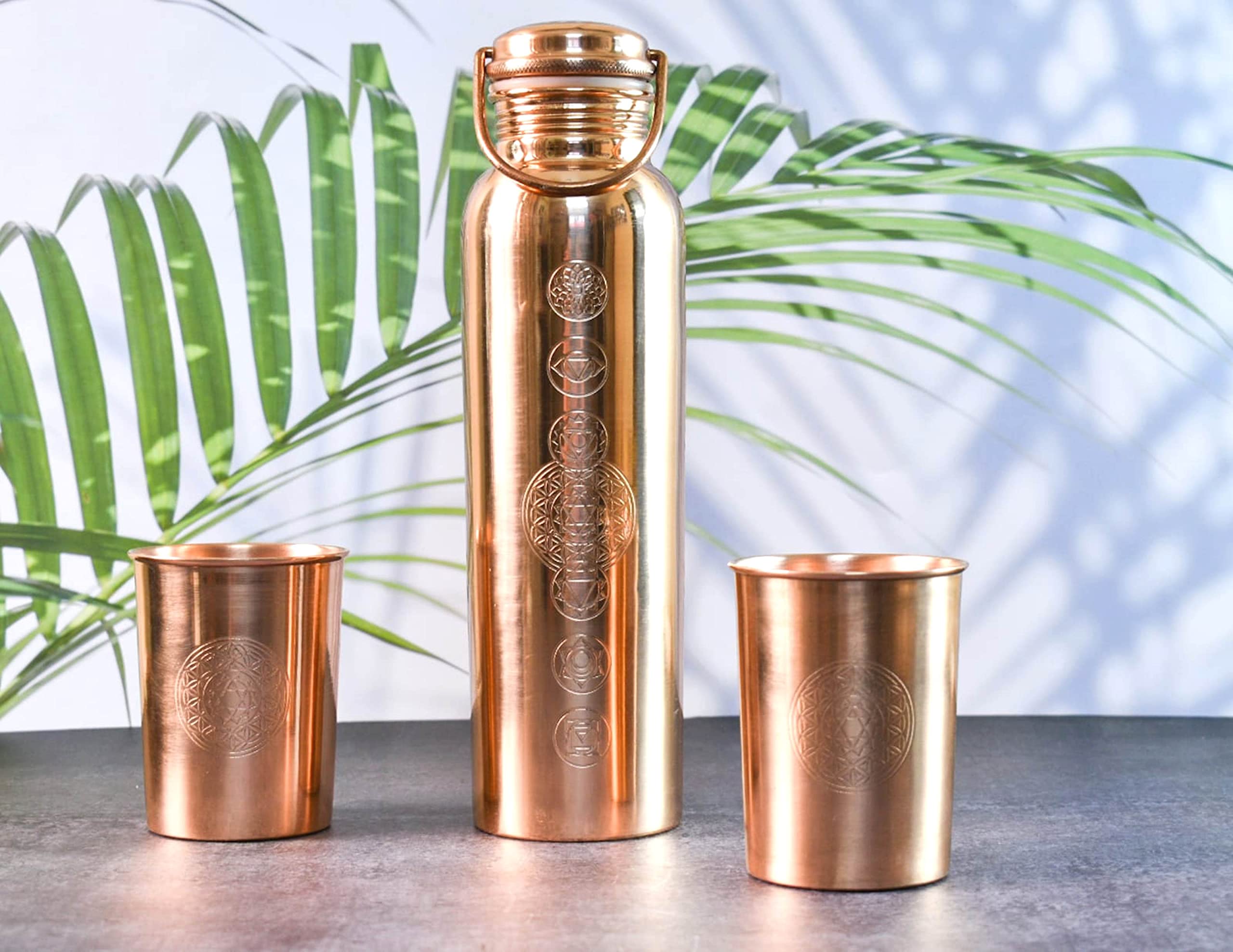 India House 100% Pure Copper 7 Chakra Bottle with Heart Chakra Crystal/Water Bottle/1000ml/Exercise/Meditation/Gym/Yoga from India (Two Free Wooden Coasters) — image 1