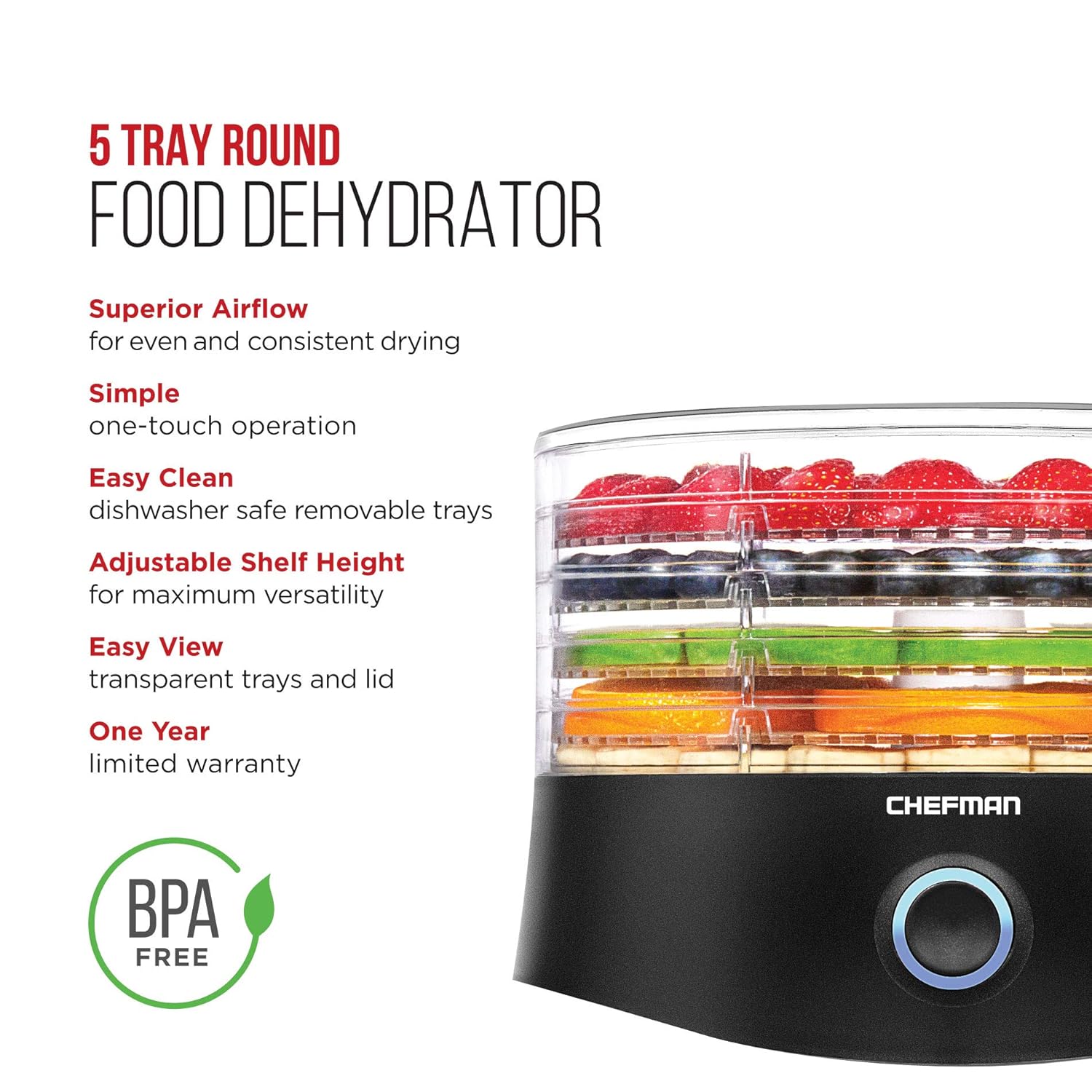 Amazon.com: Chefman 5 Tray Round Food Dehydrator, BPA-Free Professional  Electric Multi-Tier Food Preserver, Meat or Beef Jerky Maker, Fruit, Herb,  ...