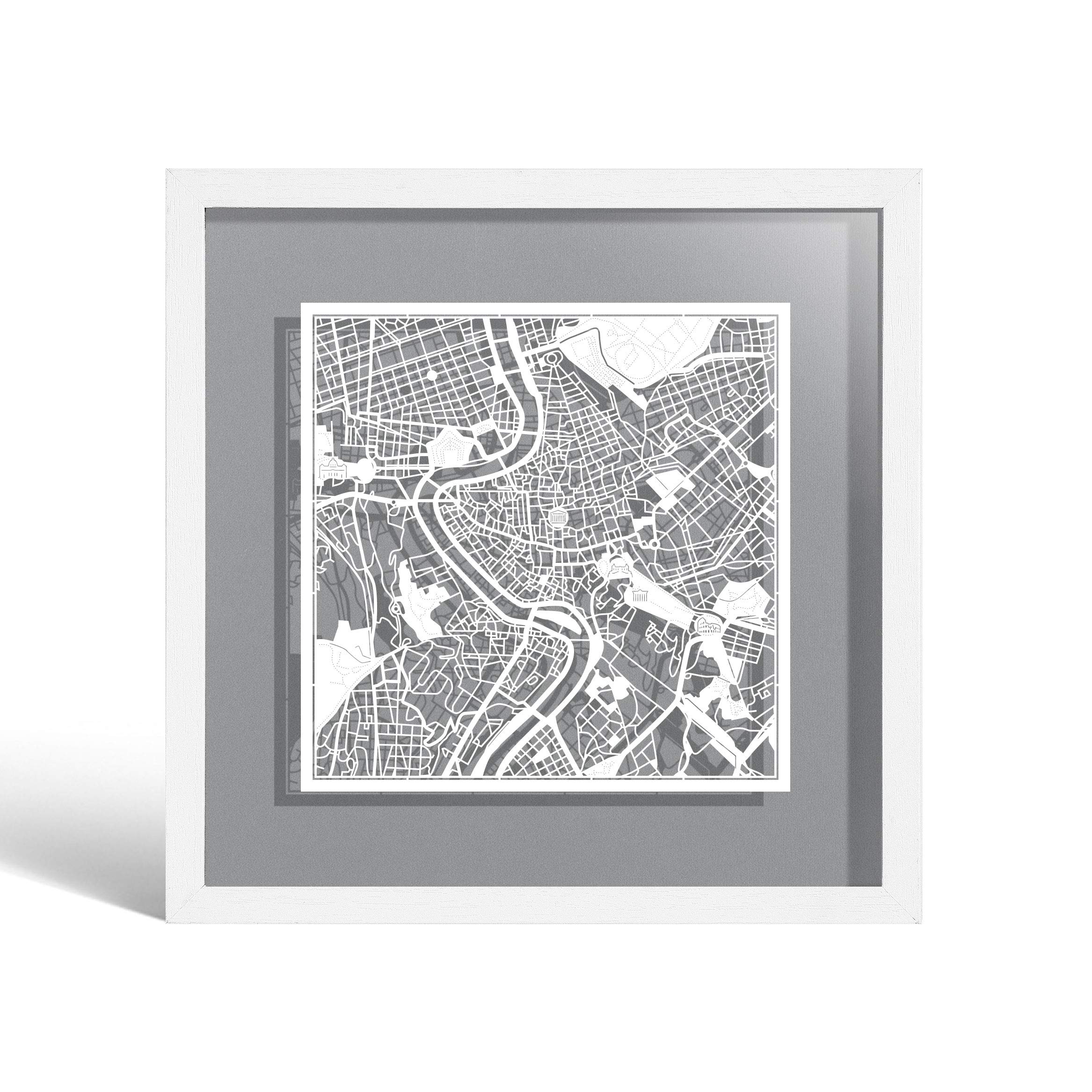 O3 DESIGN STUDIO Rome Paper Cut Map framed, White map, White frame, 9x9 inches, Gift Boxed, 4 background color, self-changing, Paper Art