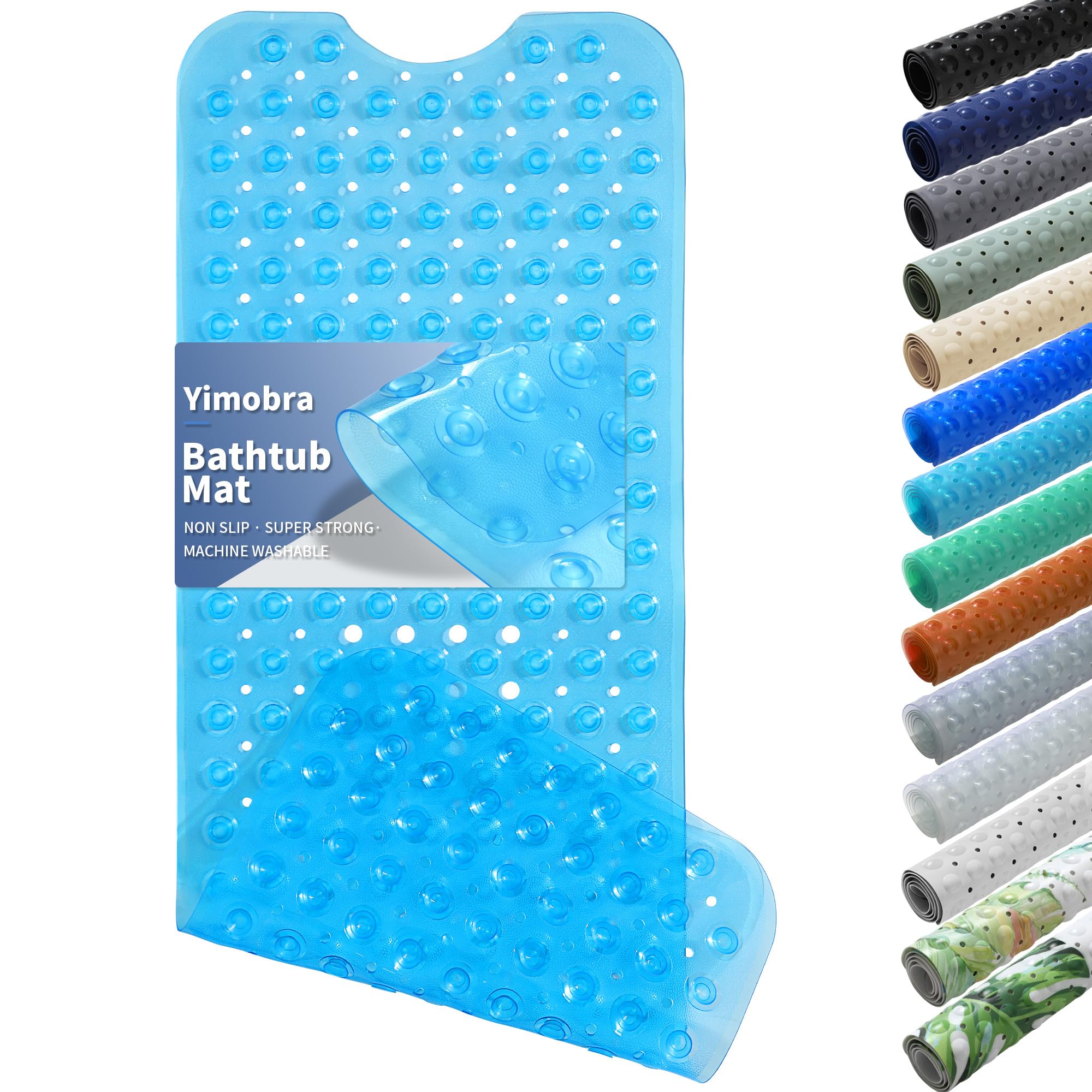 Yimobra Original Bath Tub Shower Mat Extra Long 100 x 40 cm, Non-Slip with Drain Holes, Suction Cups, Machine Washable, Phthalate Free, Latex Free, BPA Free, Bathroom Mats, Clear Blue
